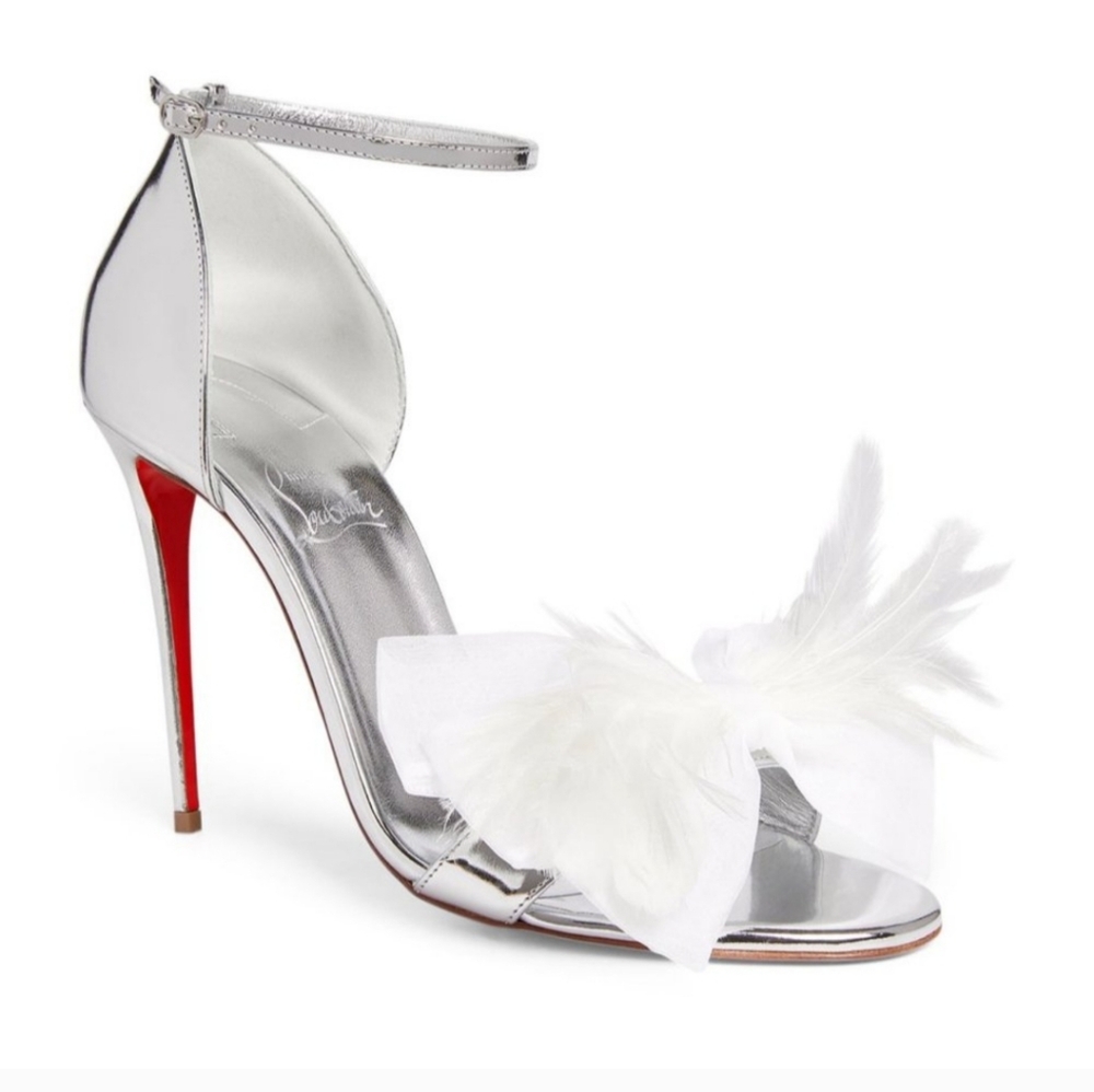  Christian Louboutin Anemona Feather Bow Stiletto Sandal in Silver